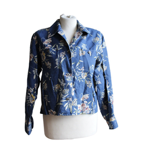 Vintage 90s 1990's Liz Wear Linen Cotton‎ Floral Jacket Denim-Like Cottage Core